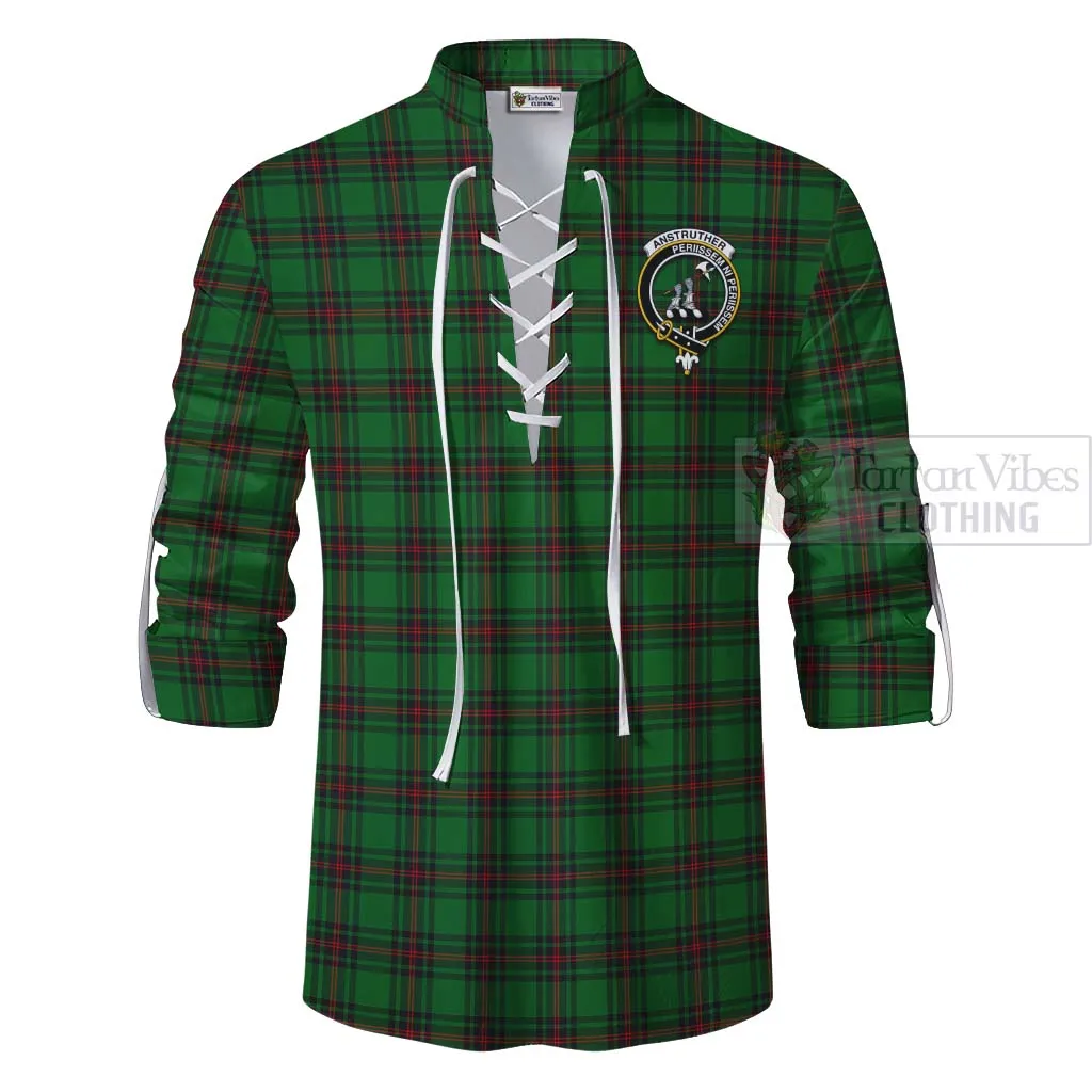 Anstruther Tartan Ghillie Kilt Shirt with Family Crest and Bearded Skull Holding Bottles of Whiskey