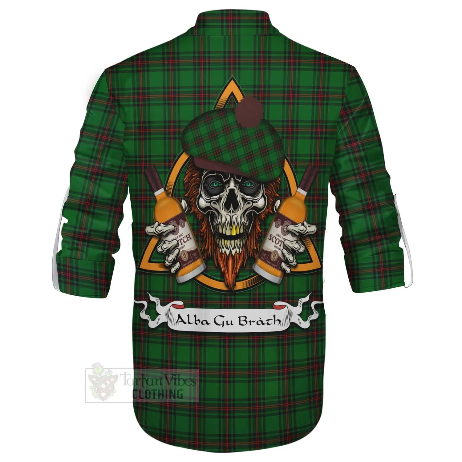 Anstruther Tartan Ghillie Kilt Shirt with Family Crest and Bearded Skull Holding Bottles of Whiskey