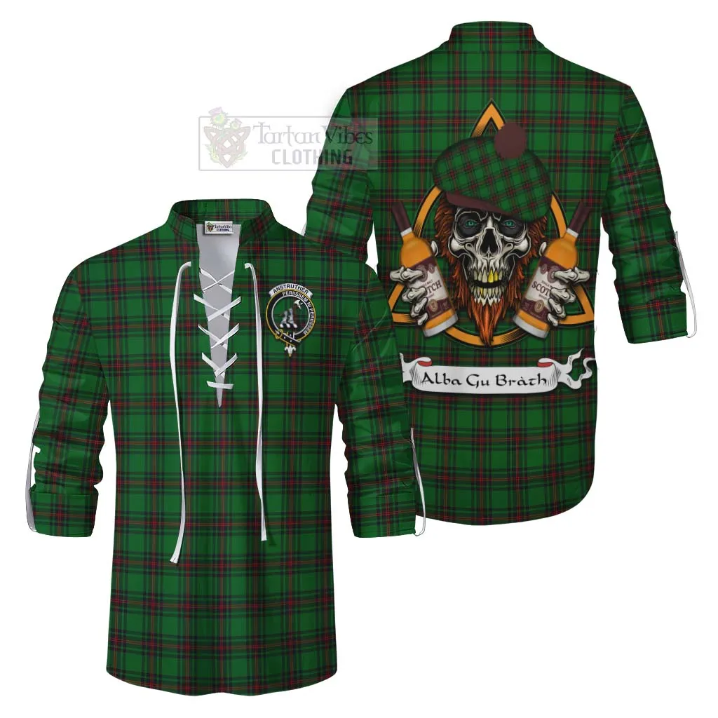 Anstruther Tartan Ghillie Kilt Shirt with Family Crest and Bearded Skull Holding Bottles of Whiskey