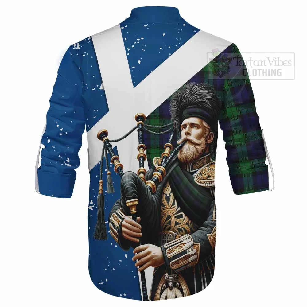 Black Watch Tartan Ghillie Kilt Shirt with Family Crest Scottish Bagpiper Vibes