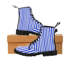 Blue Striped Print Men's Boots, Blue White Stripes Best Hiking Winter Boots Laced Up Shoes For Men Blue Striped Print Men's Boots, Blue White Stripes Best Hiking Winter Boots Laced Up Shoes For Men