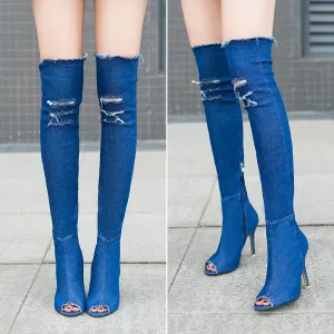 Denim Thin Heel Fish Mouth Knee High Boots Denim Thin Heel Fish Mouth Knee High Boots