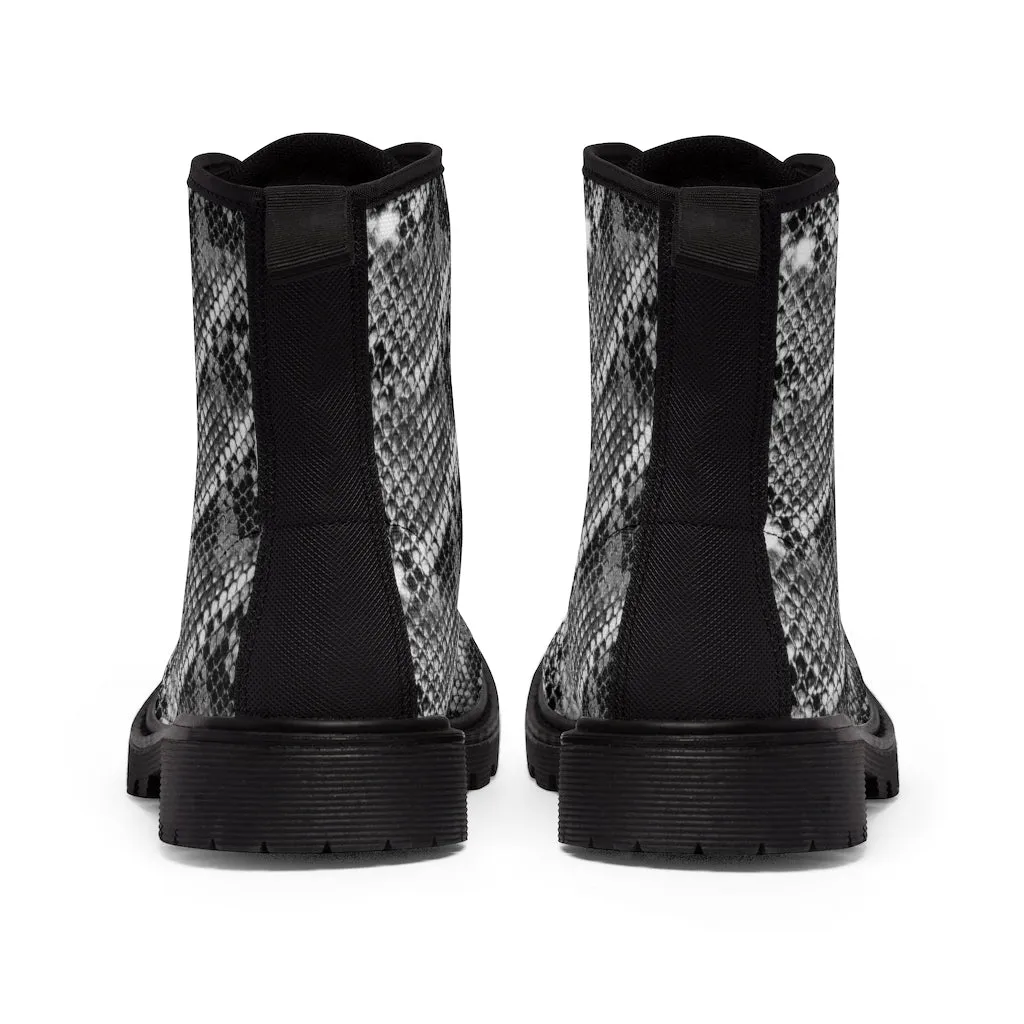 Grey Snake Women's Canvas Boots, Best Snake Reptile Print Best Winter Combat Boots For Ladies