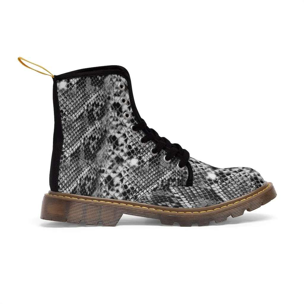 Grey Snake Women's Canvas Boots, Best Snake Reptile Print Best Winter Combat Boots For Ladies