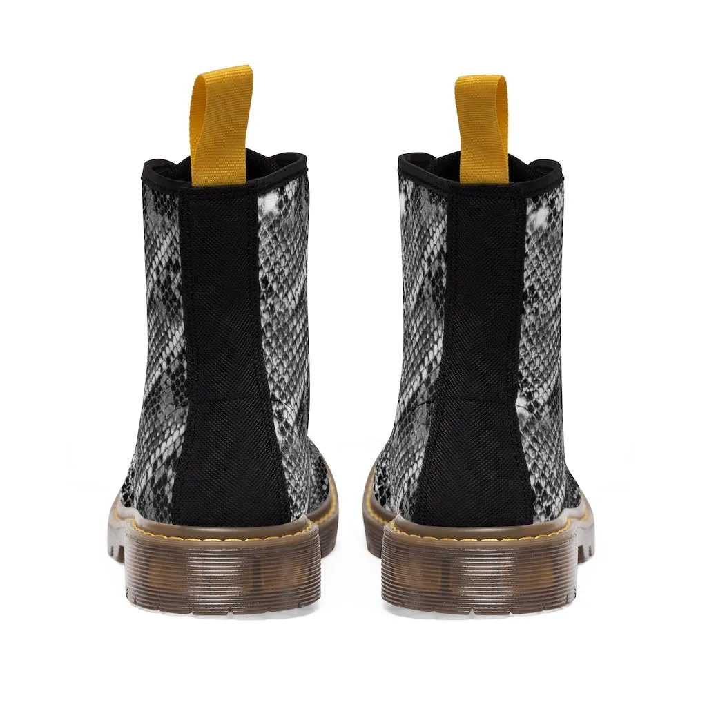 Grey Snake Women's Canvas Boots, Best Snake Reptile Print Best Winter Combat Boots For Ladies