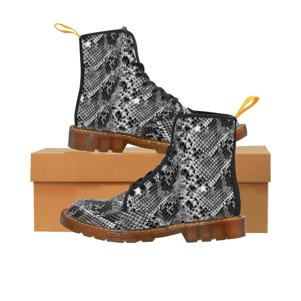 Grey Snake Women's Canvas Boots, Best Snake Reptile Print Best Winter Combat Boots For Ladies