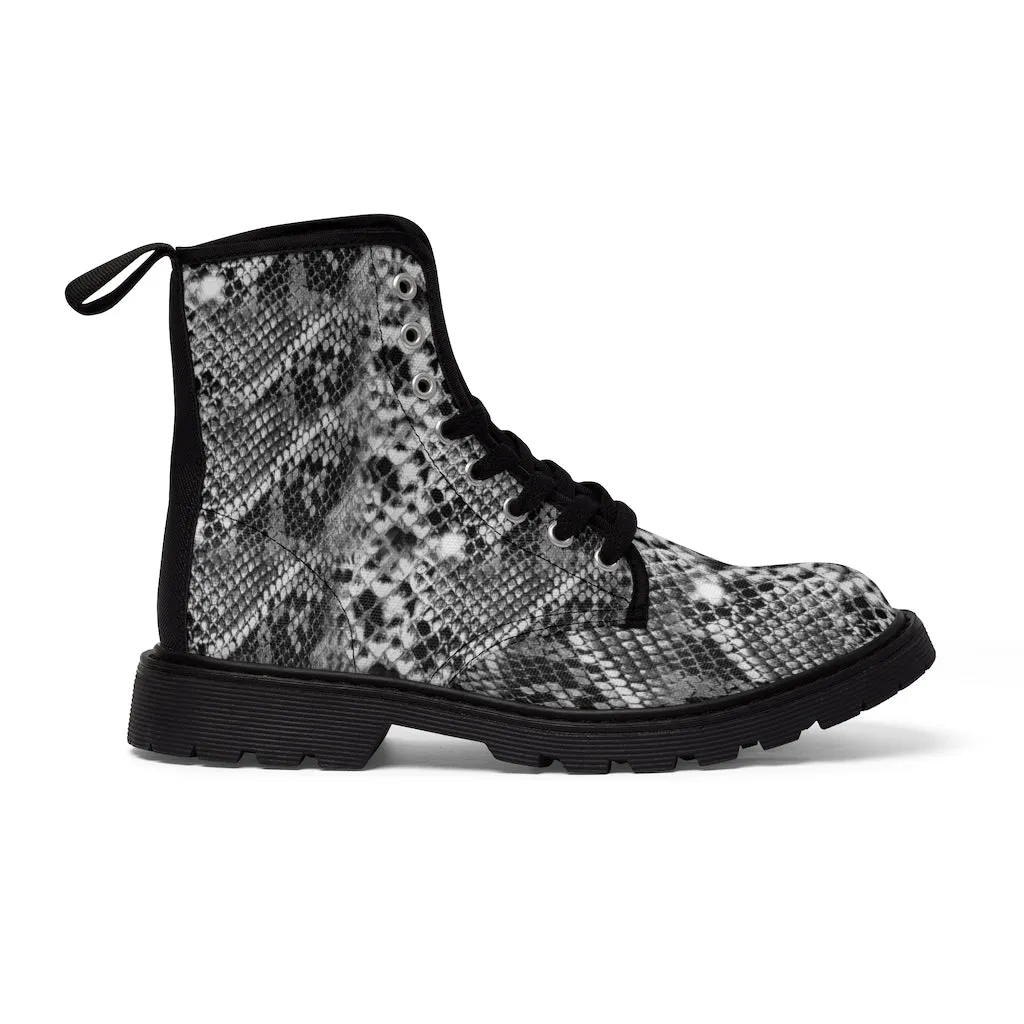 Grey Snake Women's Canvas Boots, Best Snake Reptile Print Best Winter Combat Boots For Ladies