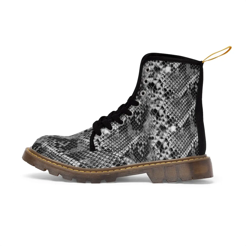 Grey Snake Women's Canvas Boots, Best Snake Reptile Print Best Winter Combat Boots For Ladies