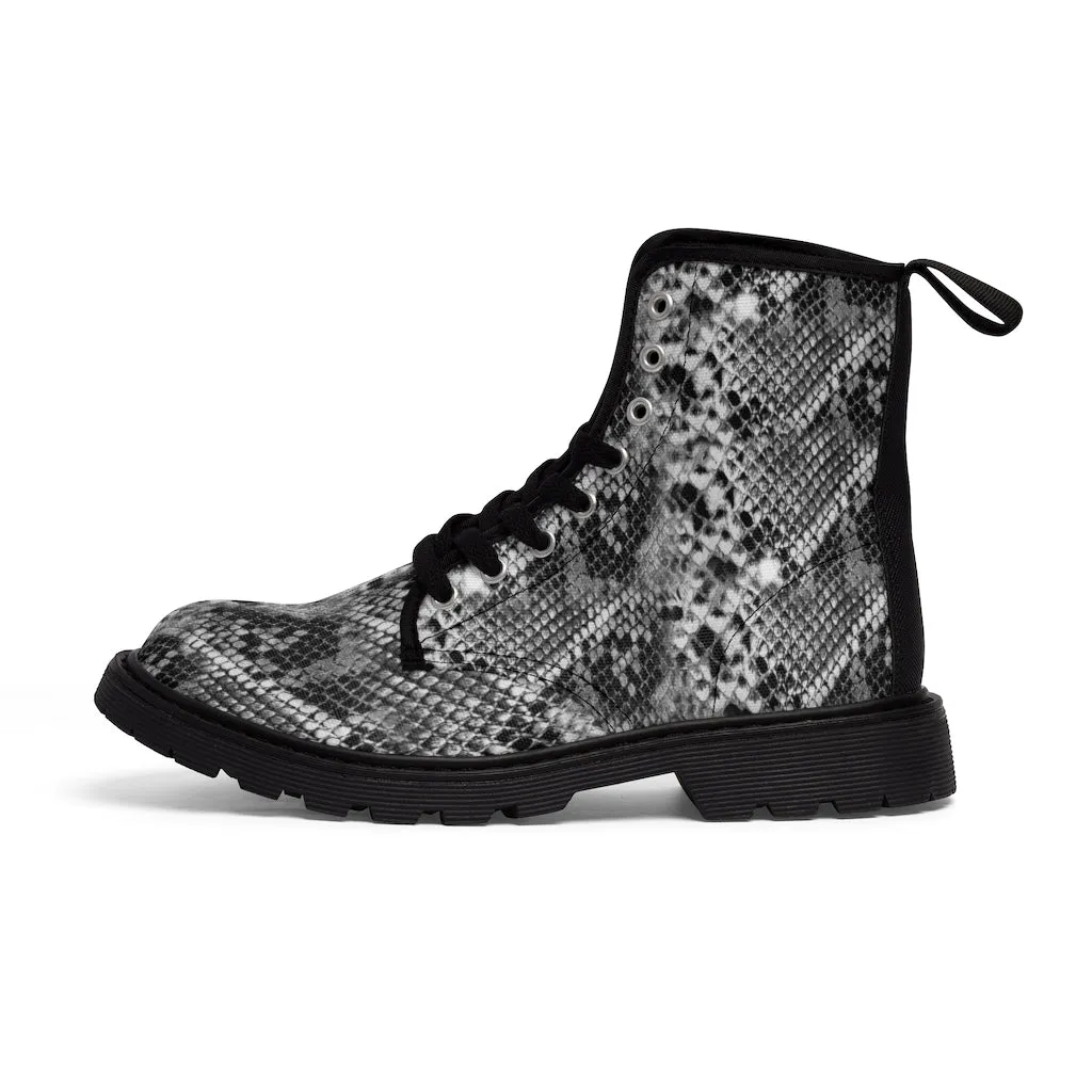 Grey Snake Women's Canvas Boots, Best Snake Reptile Print Best Winter Combat Boots For Ladies