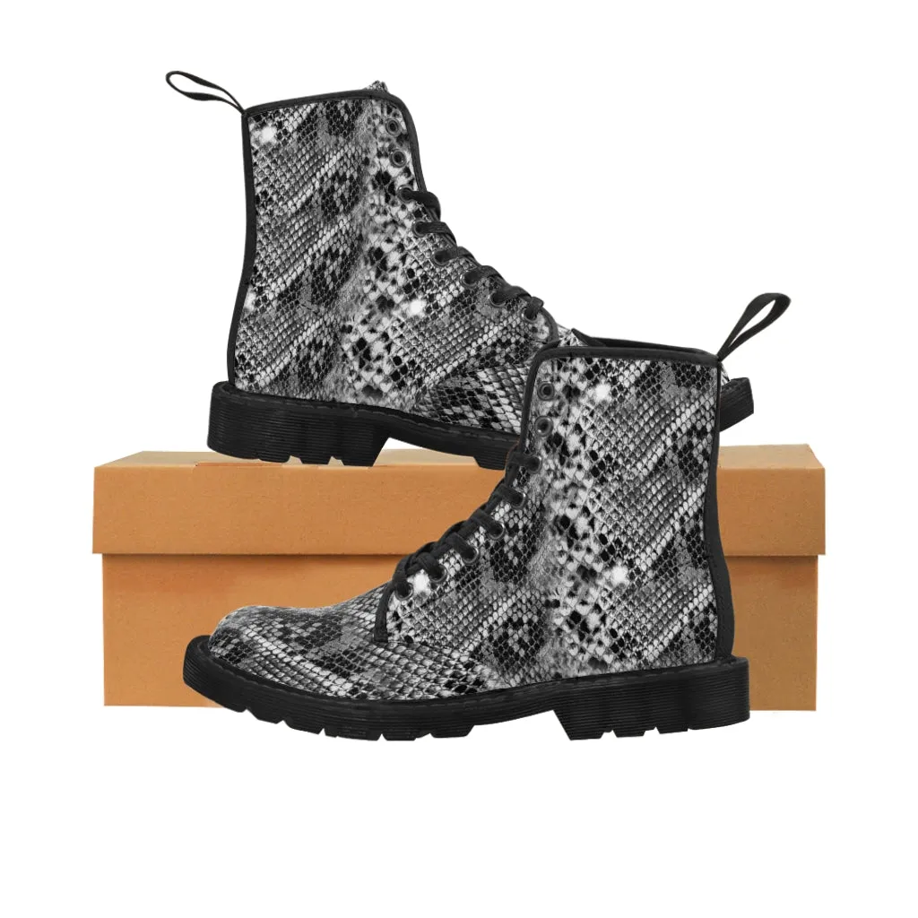 Grey Snake Women's Canvas Boots, Best Snake Reptile Print Best Winter Combat Boots For Ladies