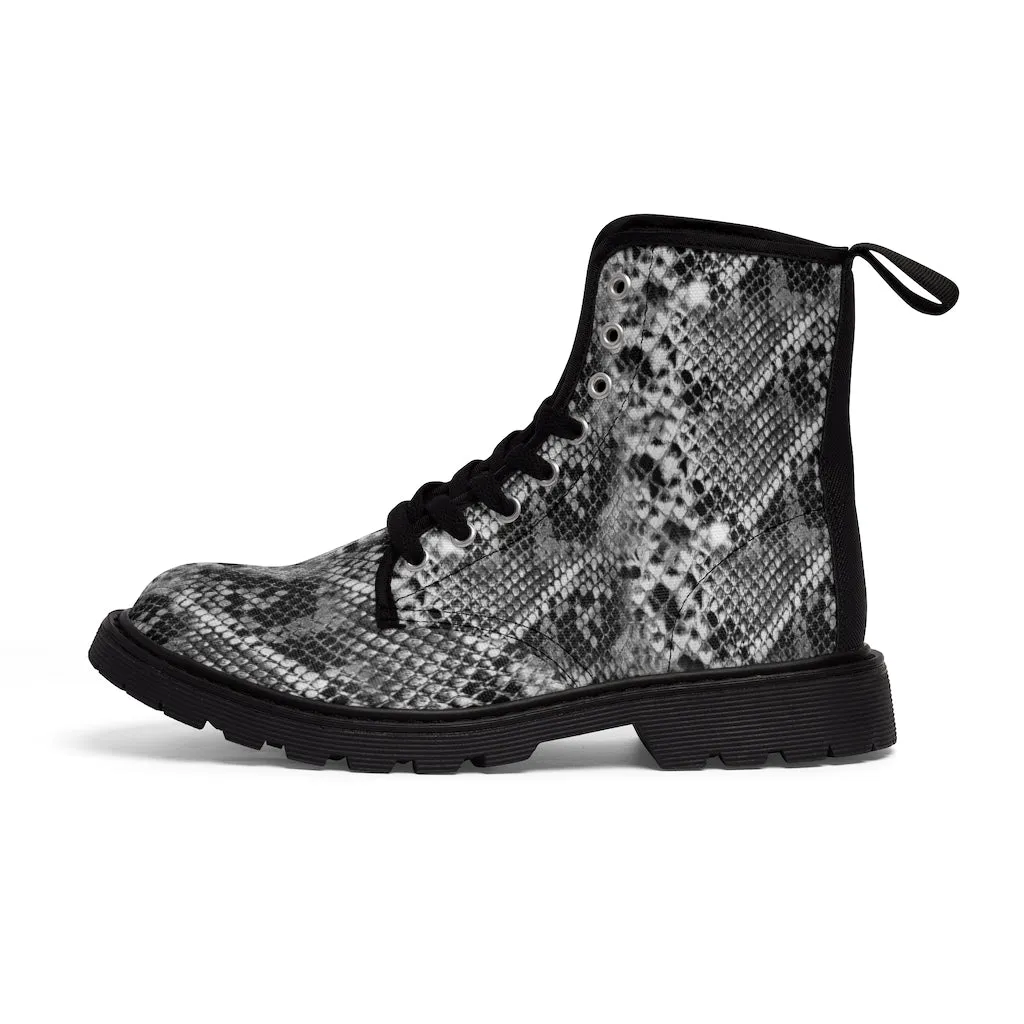 Grey Snake Women's Canvas Boots, Best Snake Reptile Print Best Winter Combat Boots For Ladies