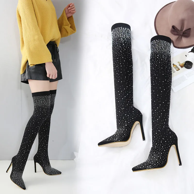 High Elastic Cloth Rhinestone Sexy Thin Heel High Heel Over Knee Boots