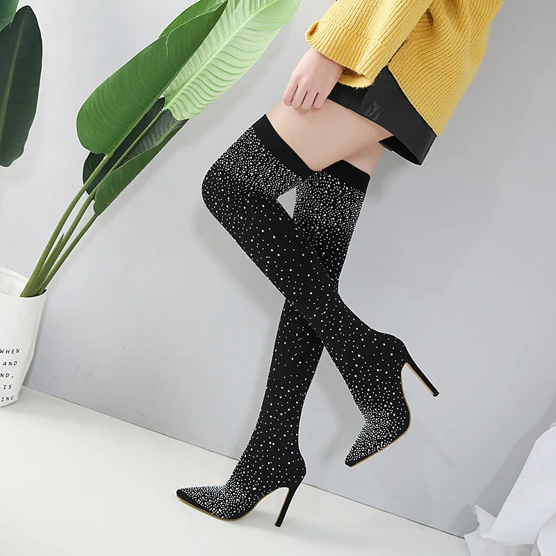 High Elastic Cloth Rhinestone Sexy Thin Heel High Heel Over Knee Boots
