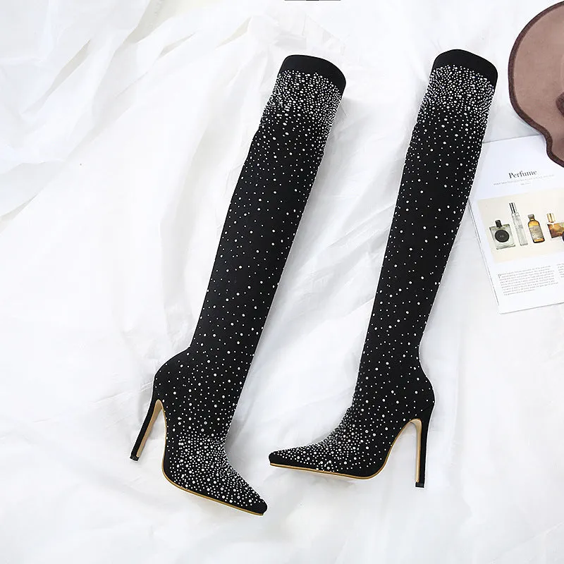 High Elastic Cloth Rhinestone Sexy Thin Heel High Heel Over Knee Boots