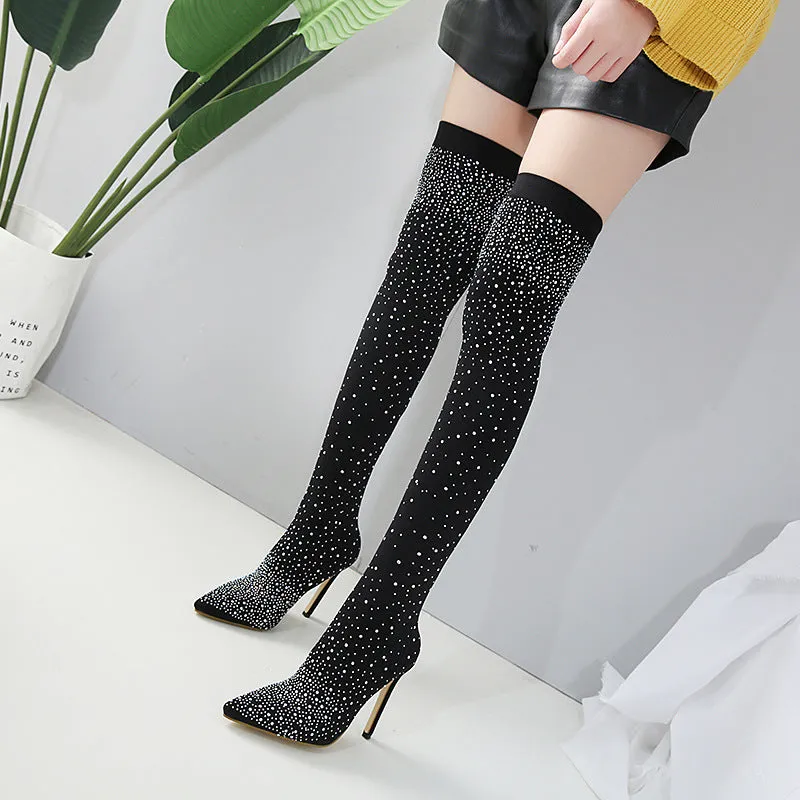 High Elastic Cloth Rhinestone Sexy Thin Heel High Heel Over Knee Boots