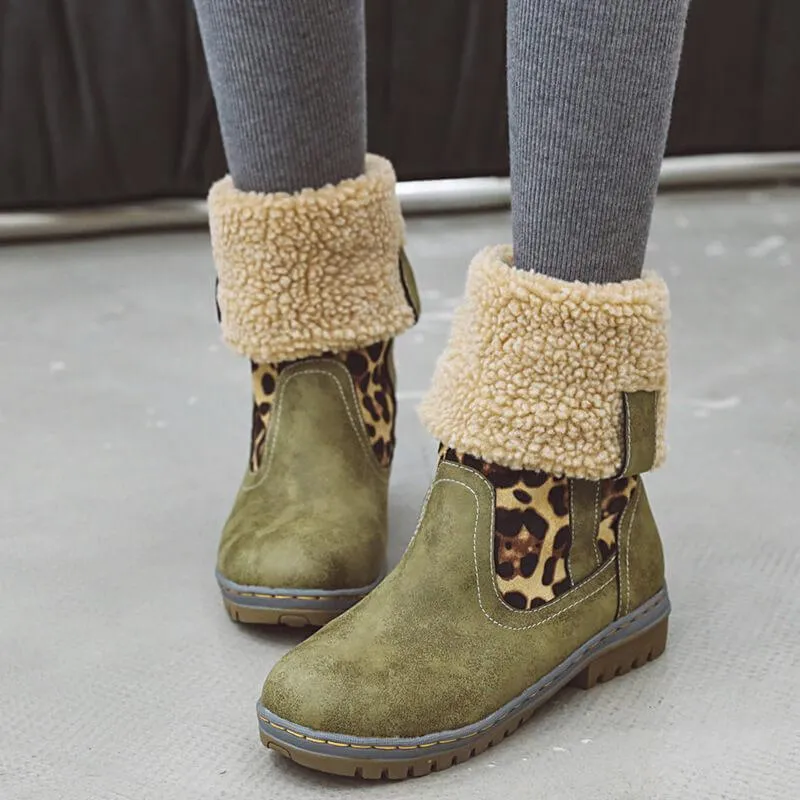 Leopard Print Chunky Low Heel Suede Calf Boots
