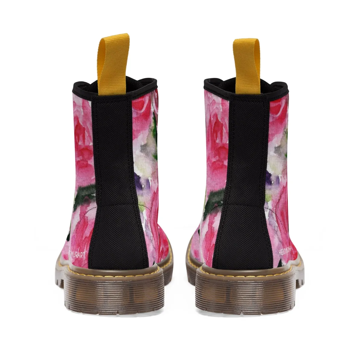 Pink Floral Print Women's Boots, Best Winter Laced Up Designer Flower Boots For Women (US Size 6.5-11)