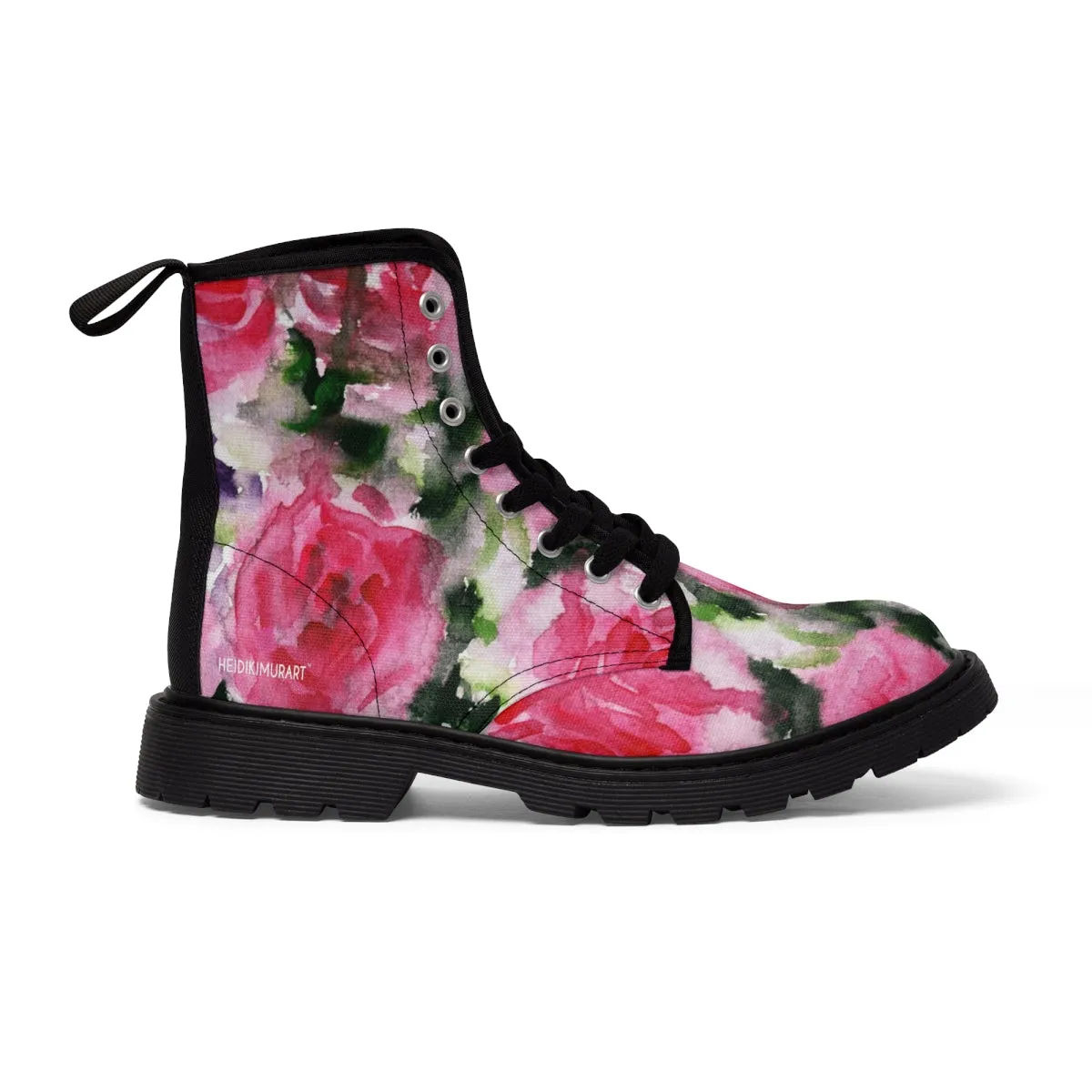Pink Floral Print Women's Boots, Best Winter Laced Up Designer Flower Boots For Women (US Size 6.5-11)