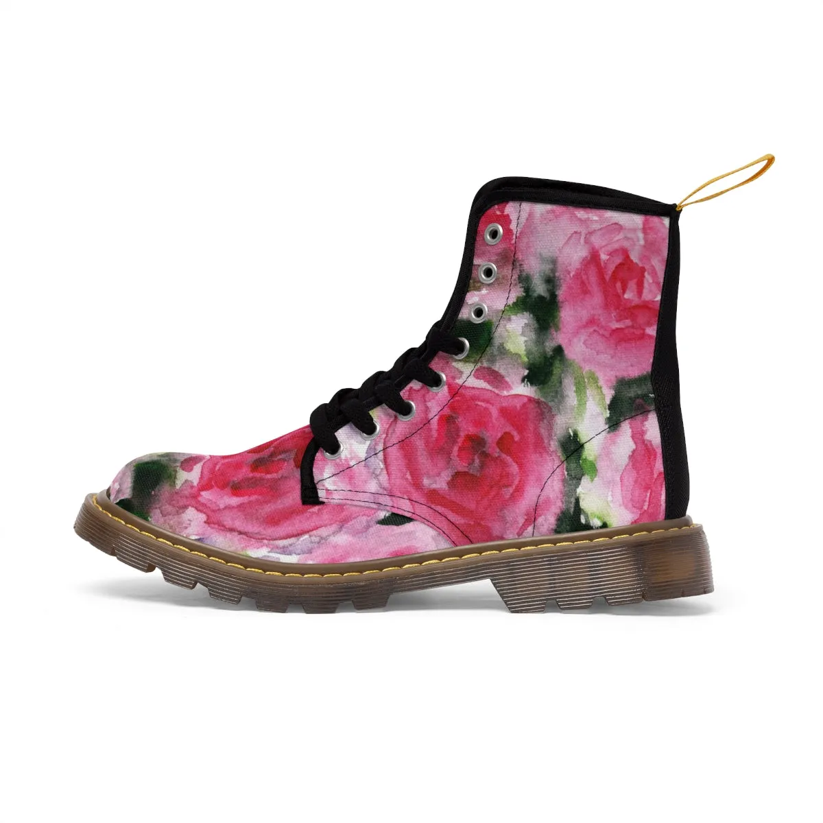 Pink Floral Print Women's Boots, Best Winter Laced Up Designer Flower Boots For Women (US Size 6.5-11)