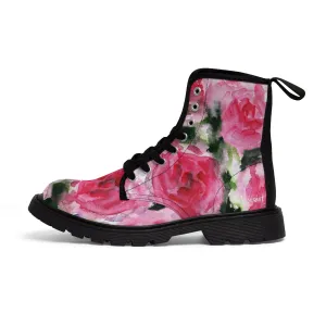 Pink Floral Print Women's Boots, Best Winter Laced Up Designer Flower Boots For Women (US Size 6.5-11)