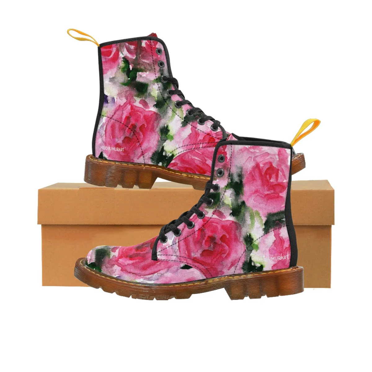 Pink Floral Print Women's Boots, Best Winter Laced Up Designer Flower Boots For Women (US Size 6.5-11)
