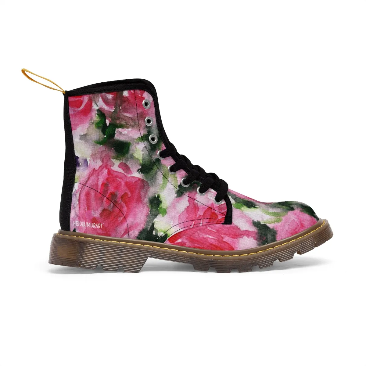 Pink Floral Print Women's Boots, Best Winter Laced Up Designer Flower Boots For Women (US Size 6.5-11)