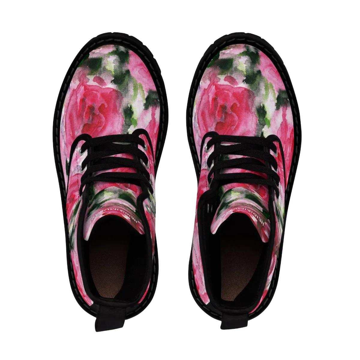 Pink Floral Print Women's Boots, Best Winter Laced Up Designer Flower Boots For Women (US Size 6.5-11)