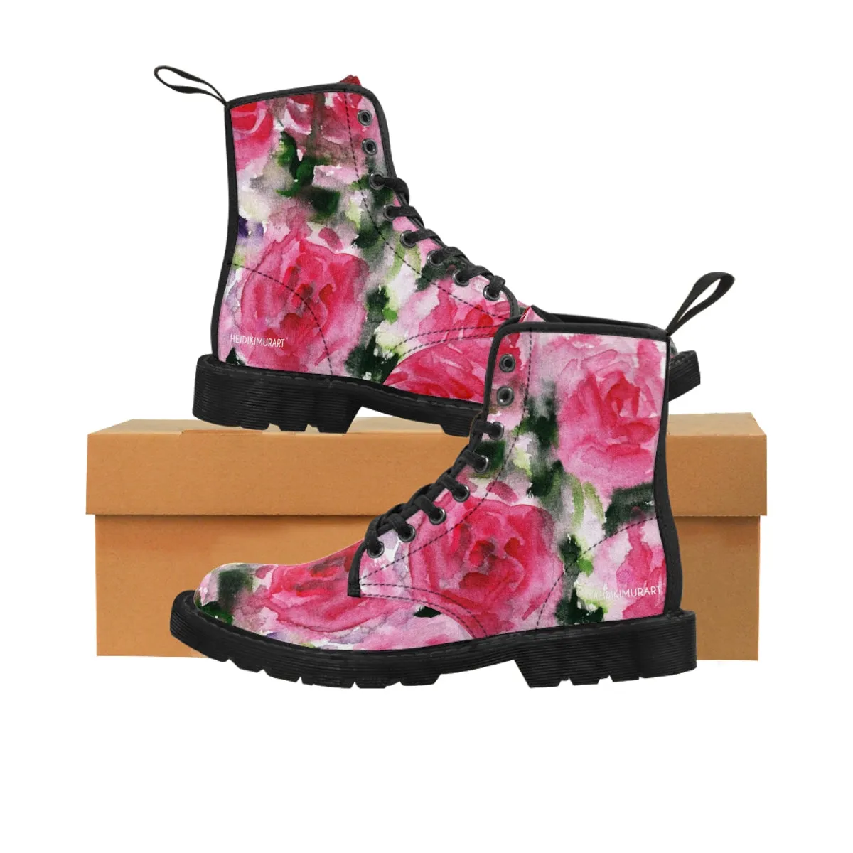 Pink Floral Print Women's Boots, Best Winter Laced Up Designer Flower Boots For Women (US Size 6.5-11)