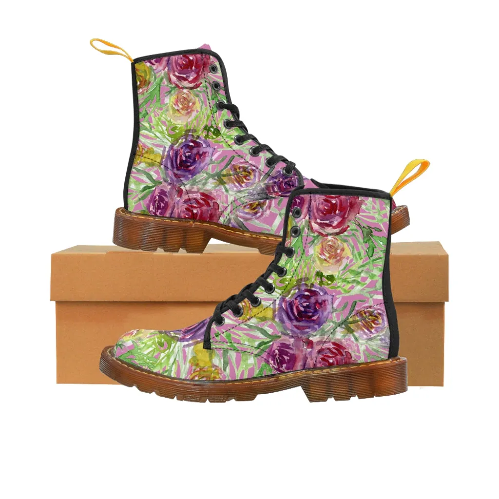Pink Flower Print Women's Boots, Best Vintage Style Premium Quality Winter Boots For Ladies