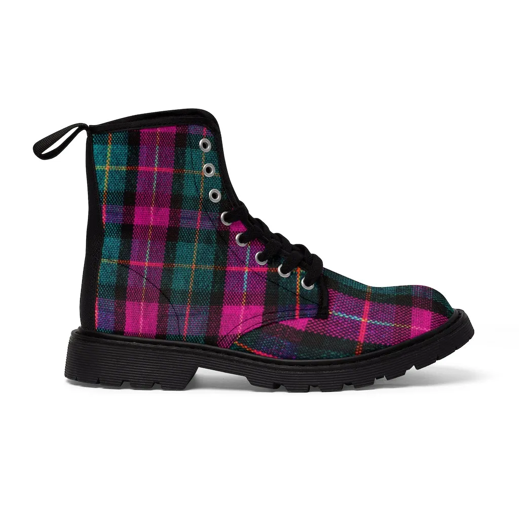 Pink Plaid Women's Canvas Boots, Pink & Green Scottish Style Plaid Print Designer Best Winter Boots For Women (US Size 6.5-11)