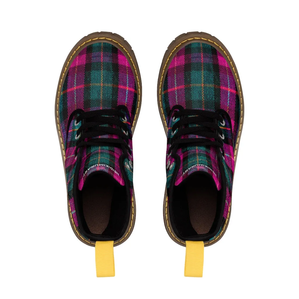 Pink Plaid Women's Canvas Boots, Pink & Green Scottish Style Plaid Print Designer Best Winter Boots For Women (US Size 6.5-11)