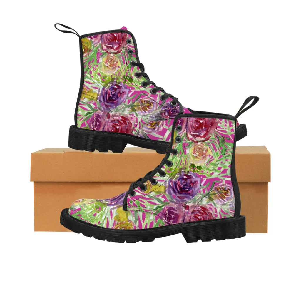 Pink Yellow Rose Women's Boots, Best Vintage Style Premium Quality Winter Boots For Ladies