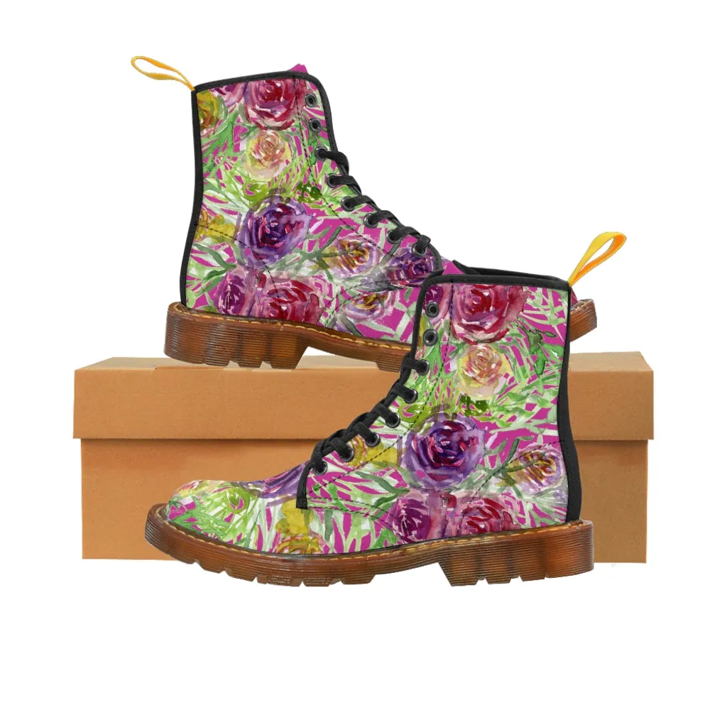 Pink Yellow Rose Women's Boots, Best Vintage Style Premium Quality Winter Boots For Ladies