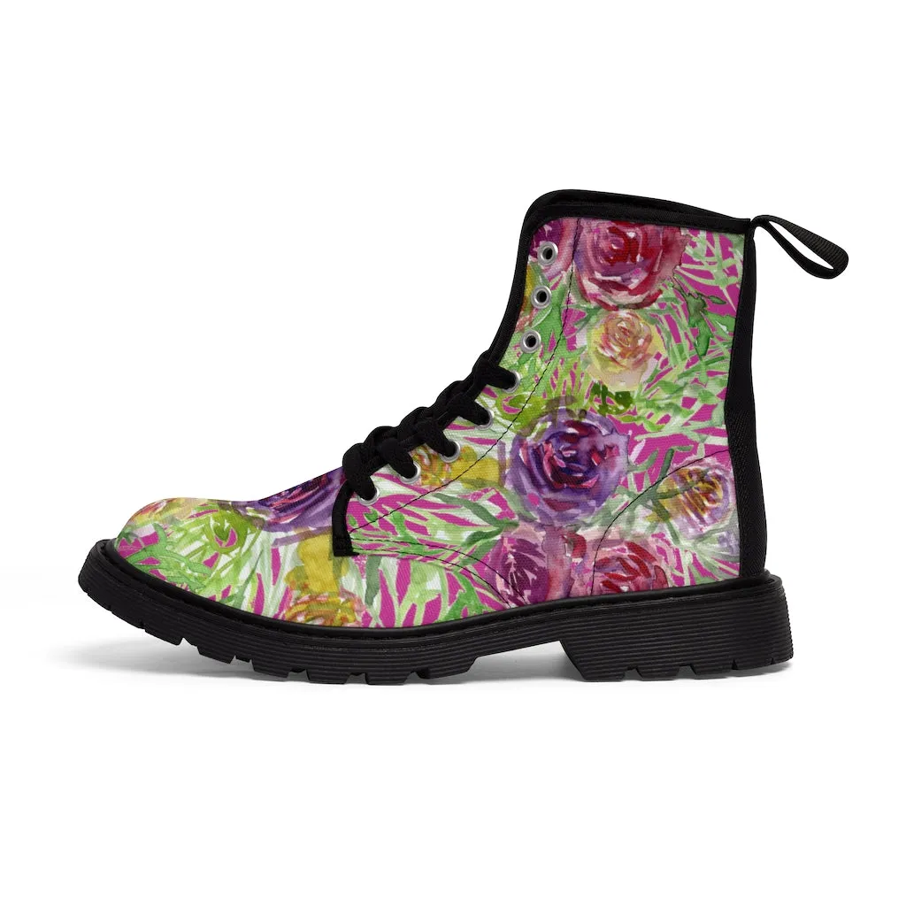 Pink Yellow Rose Women's Boots, Best Vintage Style Premium Quality Winter Boots For Ladies