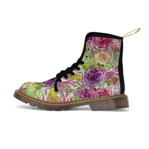 Pink Yellow Rose Women's Boots, Best Vintage Style Premium Quality Winter Boots For Ladies