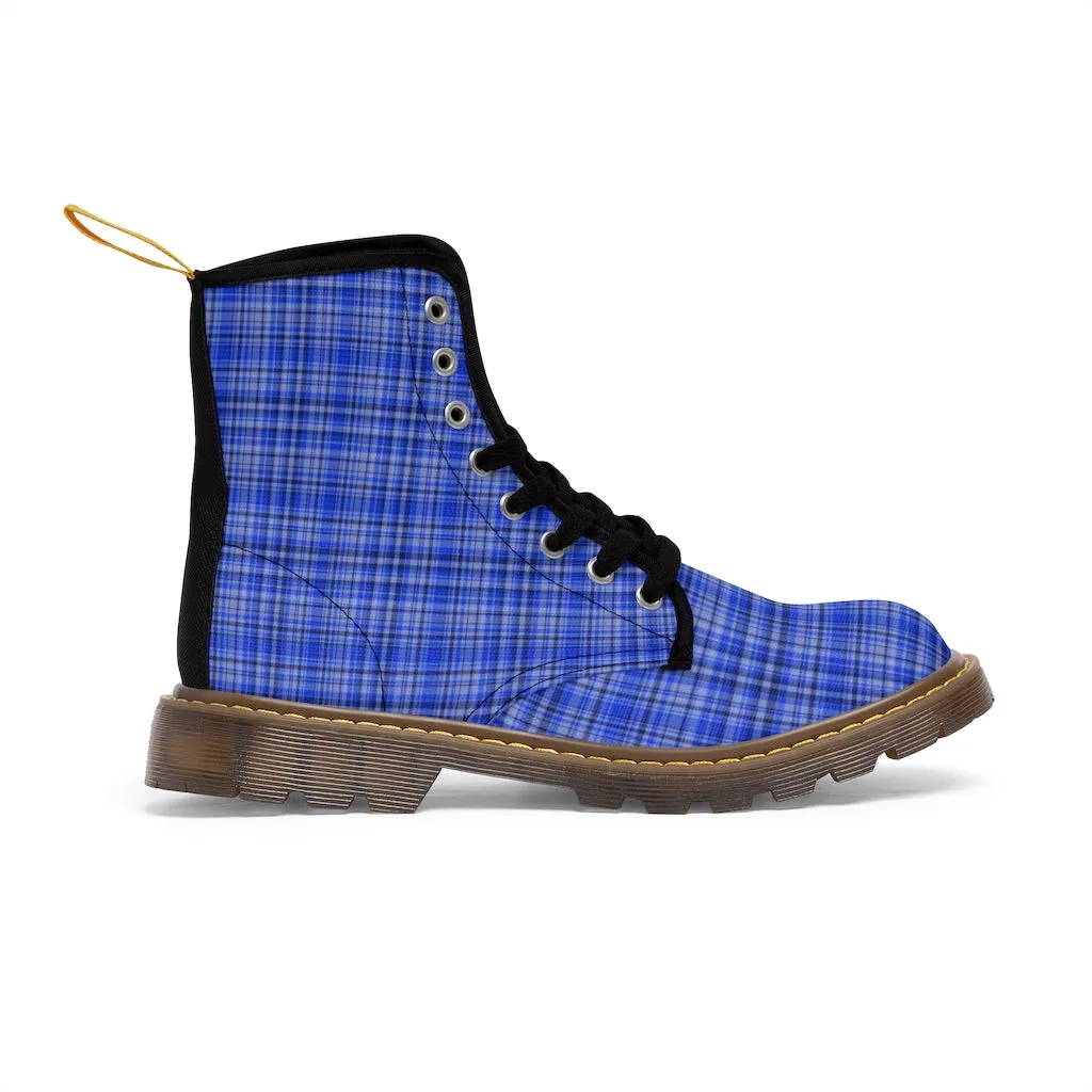 Preppy Blue Plaid Women's Boots, Plaid Print Best Winter Boots For Women (US Size 6.5-11)