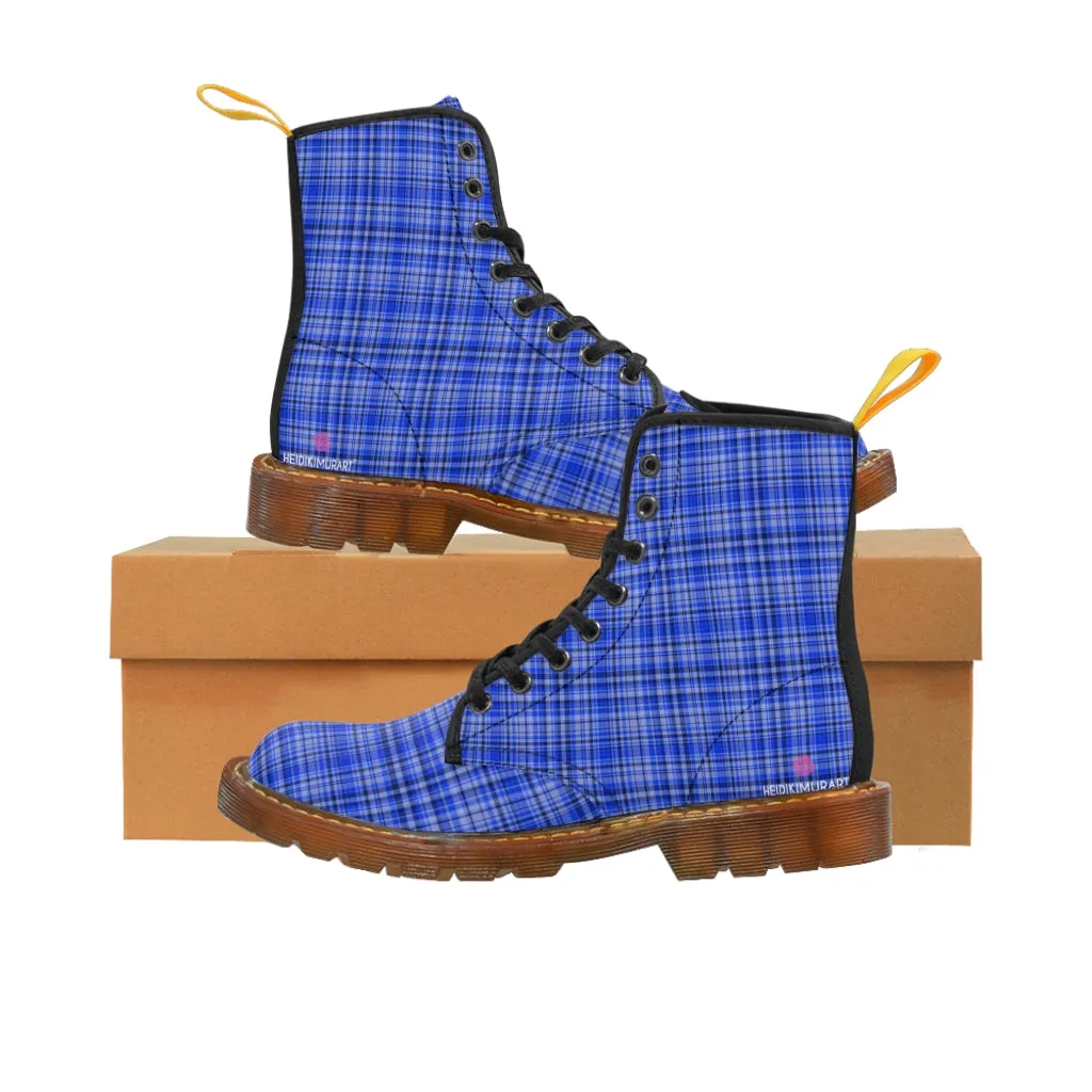 Preppy Blue Plaid Women's Boots, Plaid Print Best Winter Boots For Women (US Size 6.5-11)