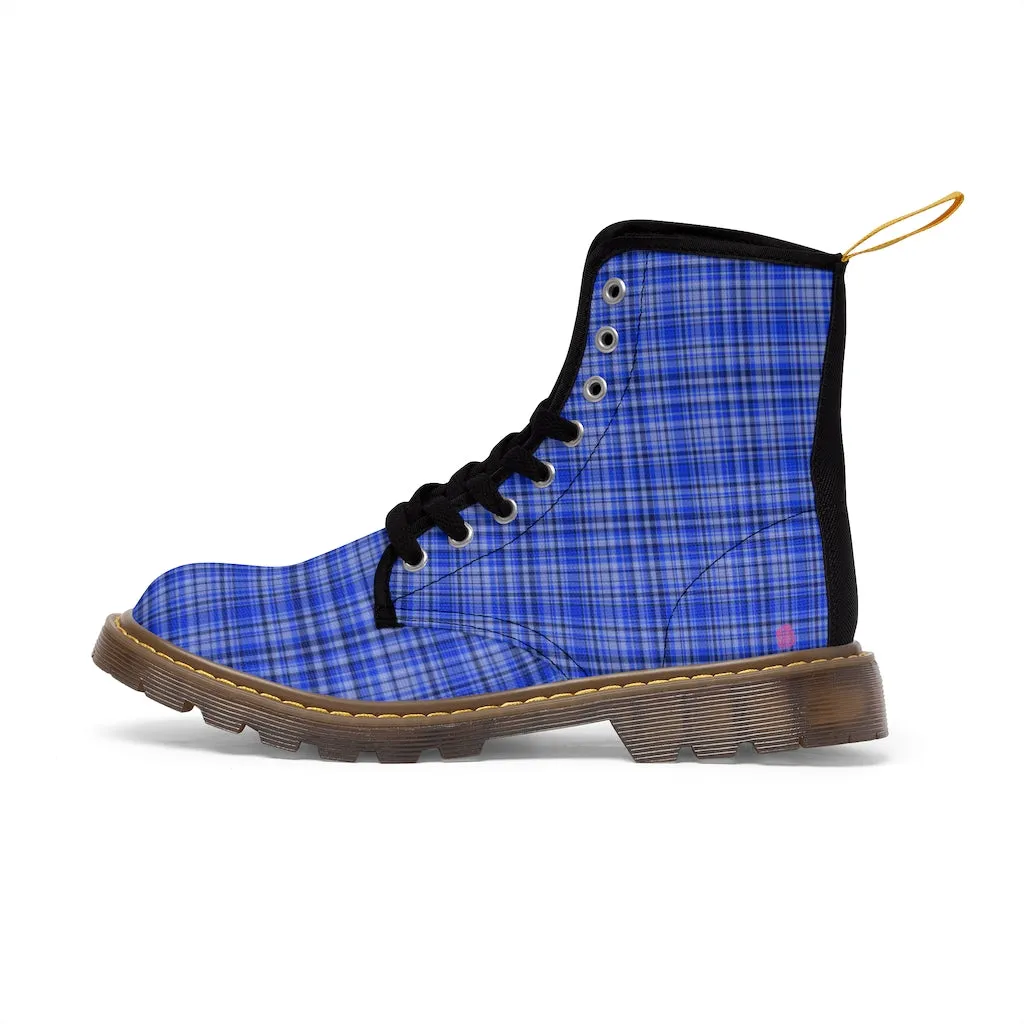 Preppy Blue Plaid Women's Boots, Plaid Print Best Winter Boots For Women (US Size 6.5-11)