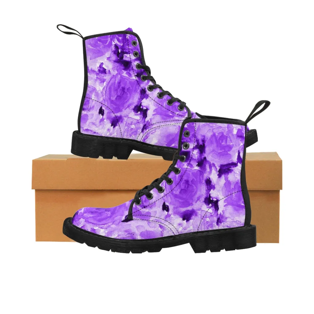 Purple Floral Abstract Women's Boots, Best Cute Chic Designer Ladies' Combat Hiking Boots