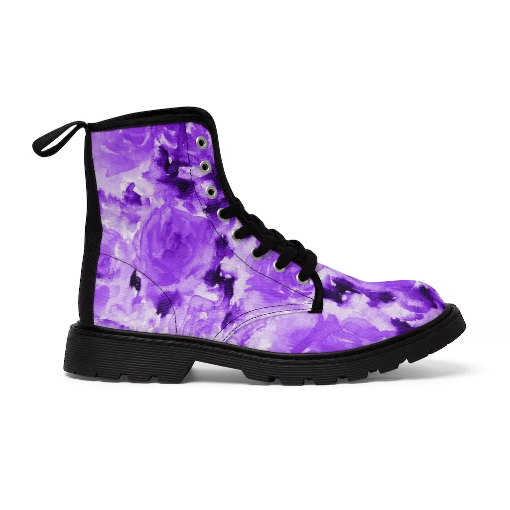 Purple Floral Abstract Women's Boots, Best Cute Chic Designer Ladies' Combat Hiking Boots