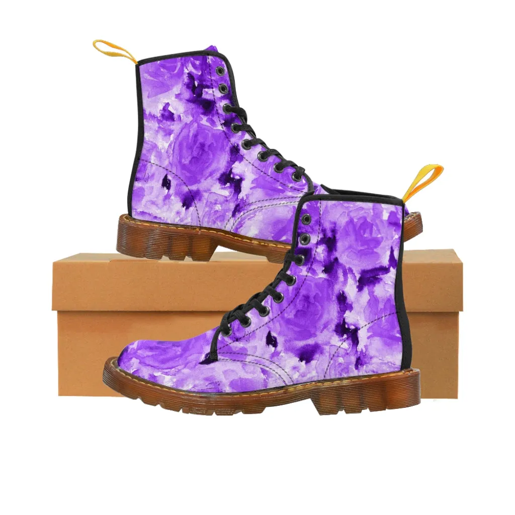 Purple Floral Abstract Women's Boots, Best Cute Chic Designer Ladies' Combat Hiking Boots