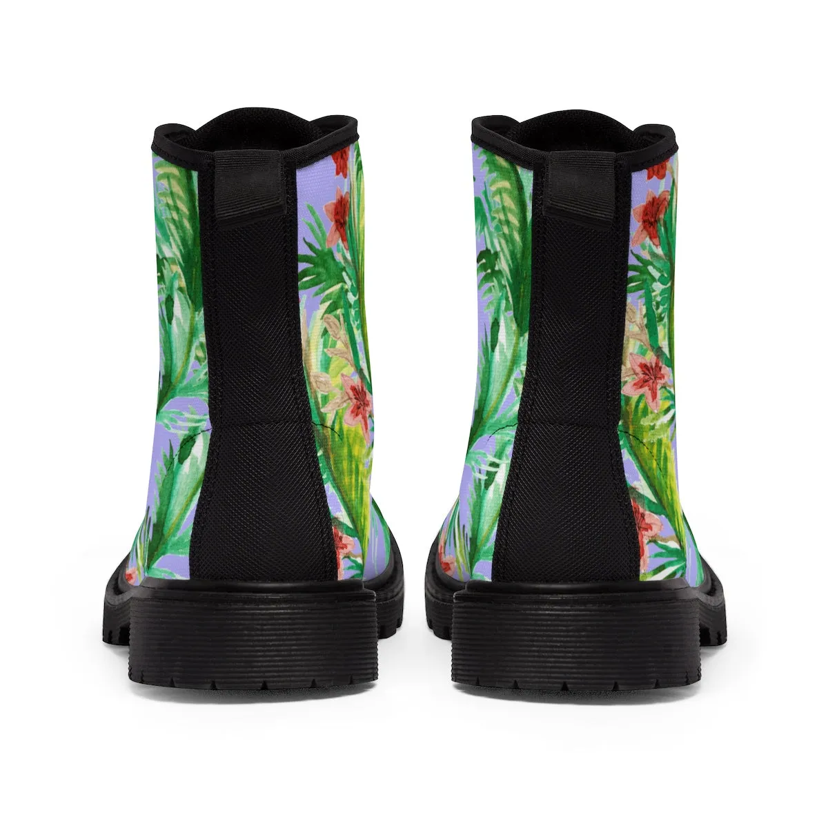 Purple Floral Women's Boots, Designer Vintage-Style Violet Nylon Canvas Winter Boots