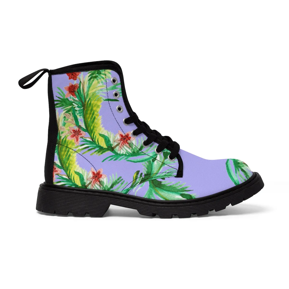 Purple Floral Women's Boots, Designer Vintage-Style Violet Nylon Canvas Winter Boots