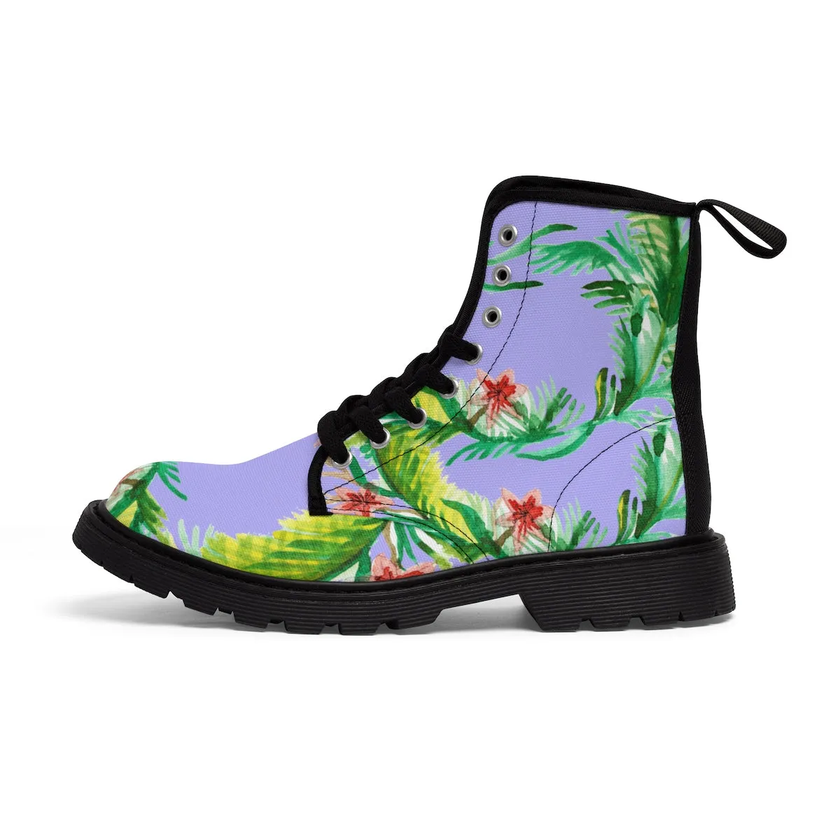 Purple Floral Women's Boots, Designer Vintage-Style Violet Nylon Canvas Winter Boots