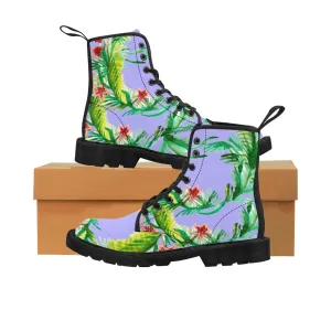 Purple Floral Women's Boots, Designer Vintage-Style Violet Nylon Canvas Winter Boots