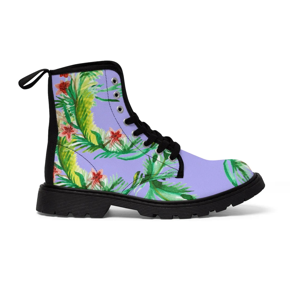 Purple Floral Women's Boots, Designer Vintage-Style Violet Nylon Canvas Winter Boots