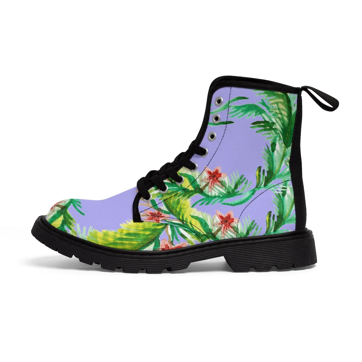 Purple Floral Women's Boots, Designer Vintage-Style Violet Nylon Canvas Winter Boots