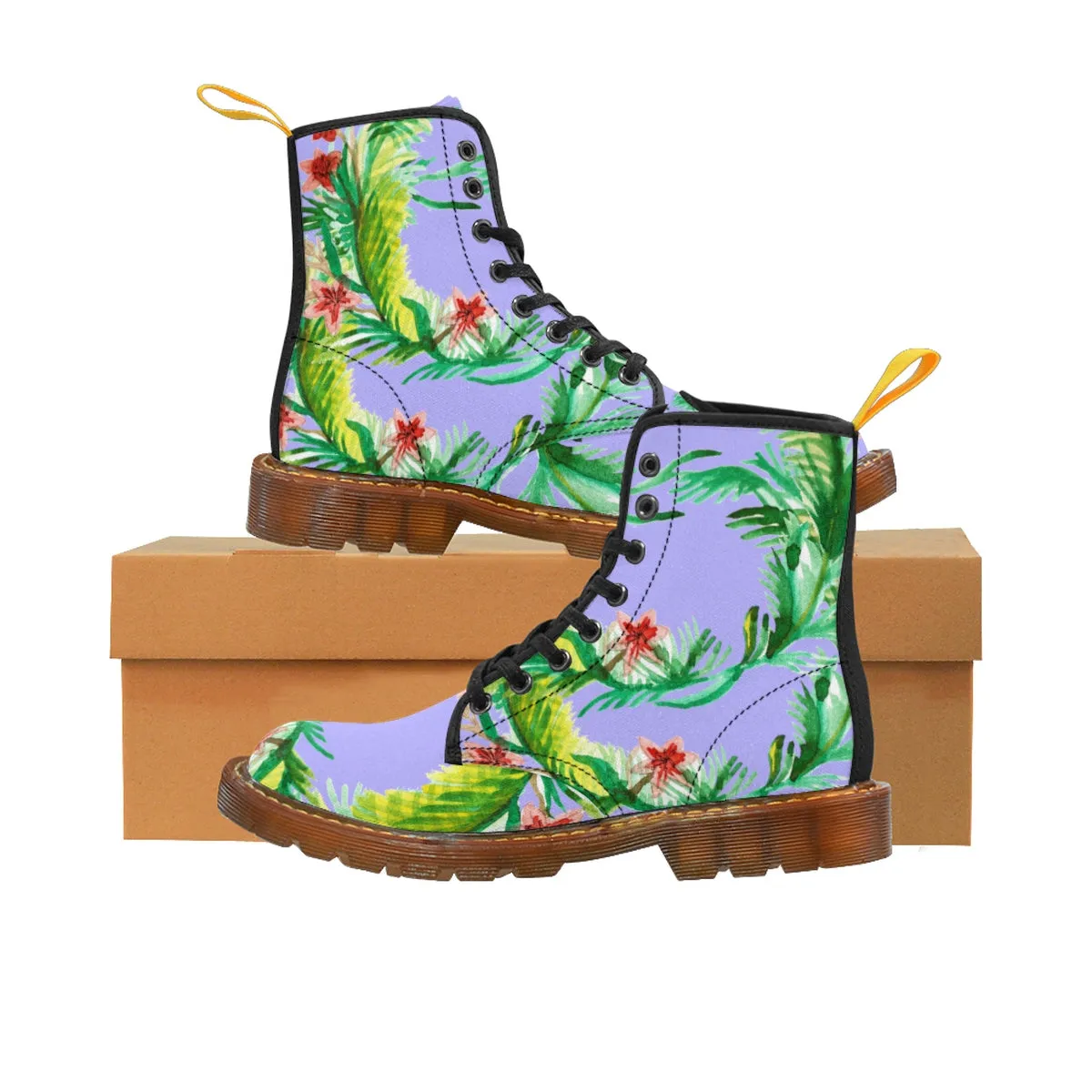 Purple Floral Women's Boots, Designer Vintage-Style Violet Nylon Canvas Winter Boots