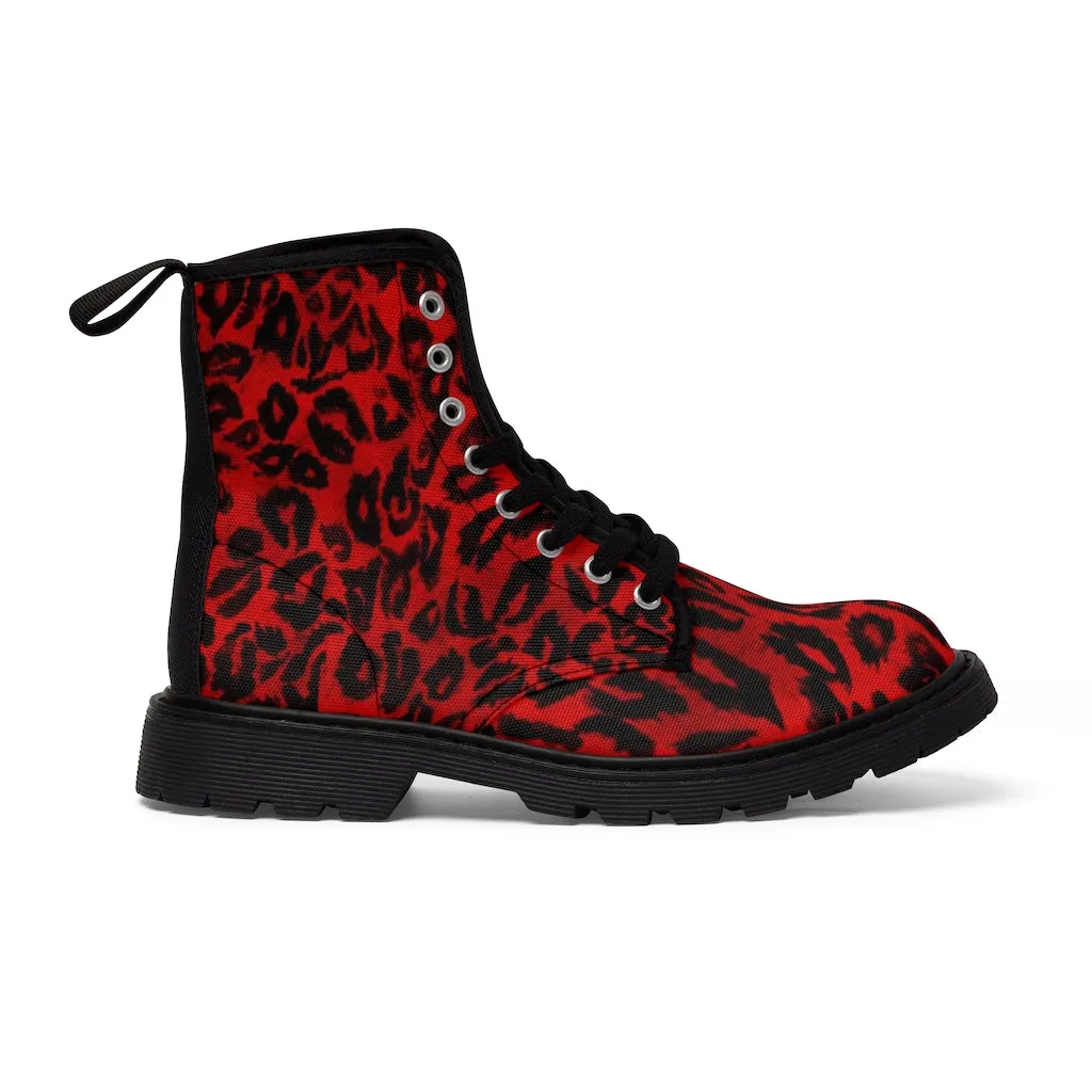Red Leopard Women's Canvas Boots, Best Red Leopard Animal Print Winter Boots For Ladies