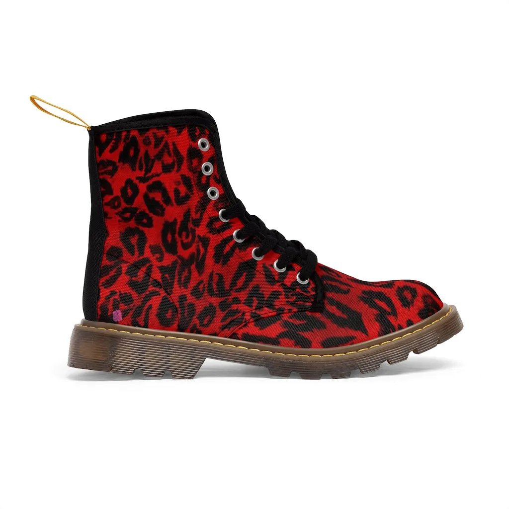 Red Leopard Women's Canvas Boots, Best Red Leopard Animal Print Winter Boots For Ladies